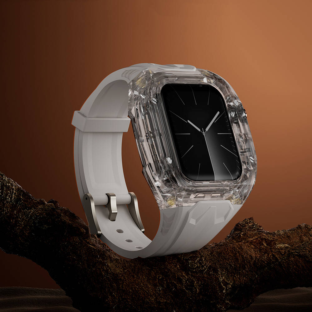 Apple Watch 7 45mm Wiwu Wi-WB013 Rambo Serisi 2in1 Şeffaf PC Kasa Koruyuculu Kauçuk Kordon Siyah