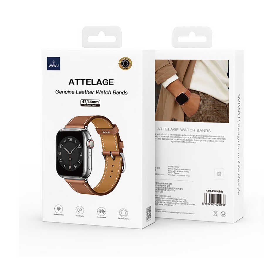 Apple Watch Ultra 49mm Kordon Wiwu Attleage Watchband Hakiki Deri Strap Kayış Kahverengi