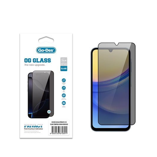 Galaxy A15 Go Des OG Glass Privacy Antistatik Temperli Cam Ekran Koruyucu Siyah