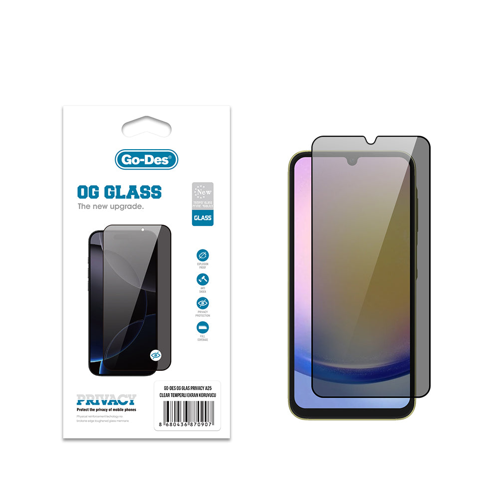 Galaxy A25 Go Des OG Glass Privacy Antistatik Temperli Cam Ekran Koruyucu Siyah