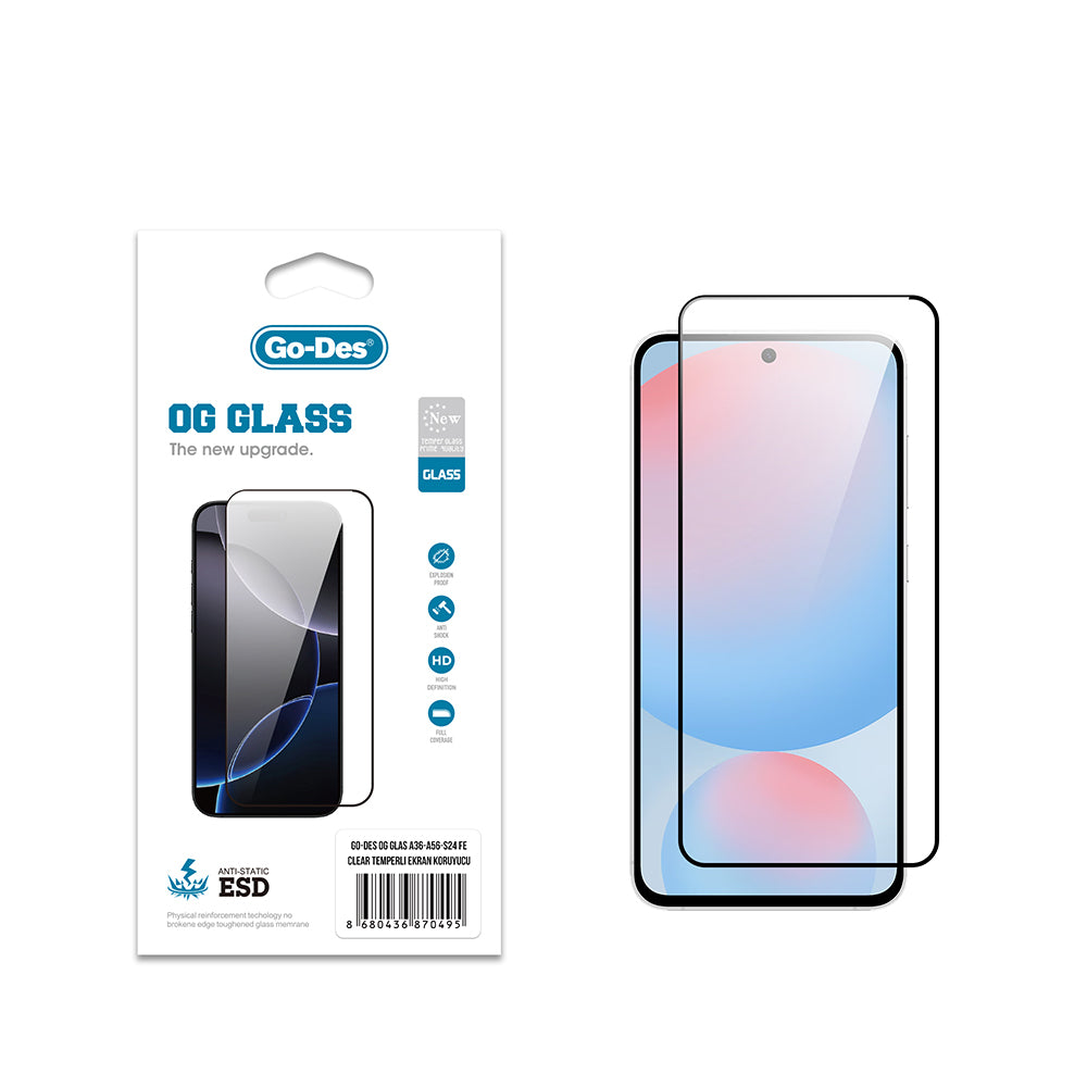 Galaxy S24 FE Go Des OG Glass Antistatik Temperli Cam Ekran Koruyucu Şeffaf