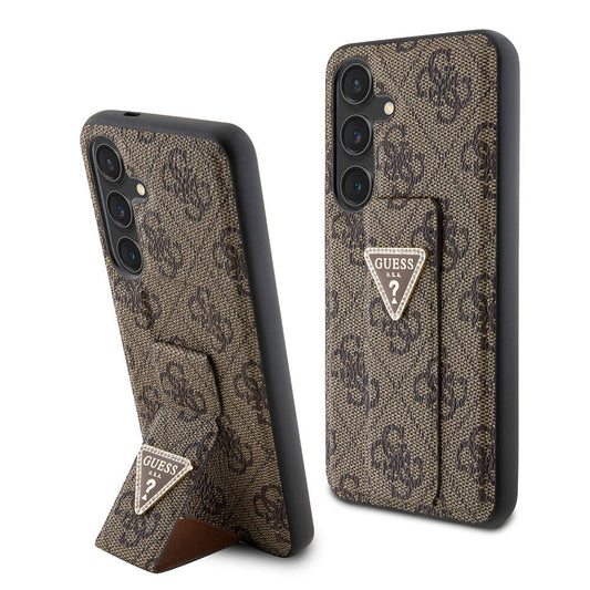 Galaxy S24 Kılıf Guess Orjinal Lisanslı 4G Desenli Üçgen Logolu Standlı Deri Kapak Kahverengi
