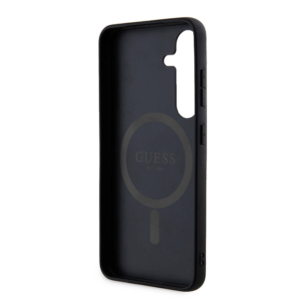 Galaxy S24 Kılıf Guess Orjinal Lisanslı M-safe Şarj Özellikli PU Halkalı 4G Desenli Yazı Logolu Kapak Siyah