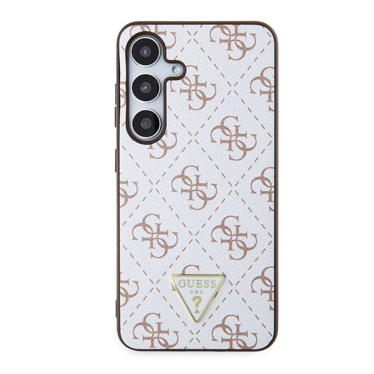 Galaxy S24 Kılıf Guess Orjinal Lisanslı PU Üçgen Logo 4G Desenli Kapak Beyaz
