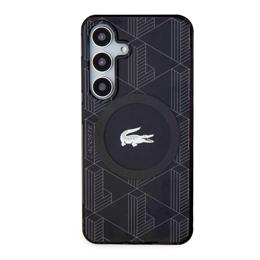 Galaxy S24 Kılıf Lacoste Orjinal Lisanslı M-safe Şarj Özellikli Çift Katmanlı Timsah Logolu Blend Monogram Kapak Siyah