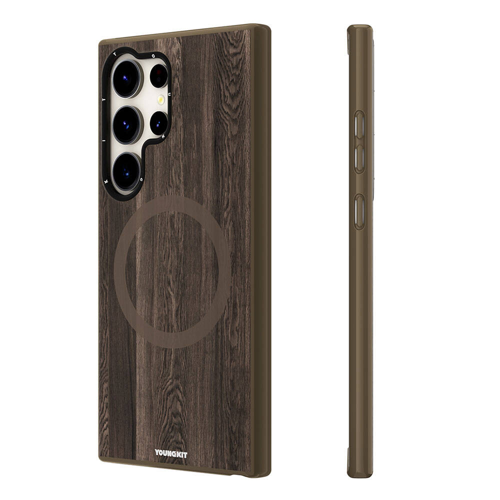 Galaxy S24 Ultra Kılıf M-safe Şarj Özellikli Sararmaya Dayanıklı Youngkit Wood Forest Serisi Kapak Siyah