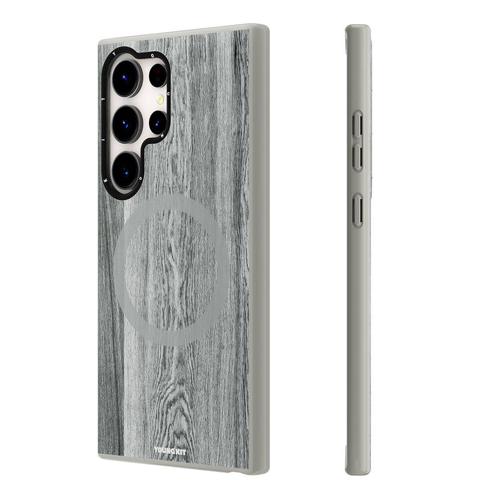 Galaxy S24 Ultra Kılıf M-safe Şarj Özellikli Sararmaya Dayanıklı Youngkit Wood Forest Serisi Kapak Gri