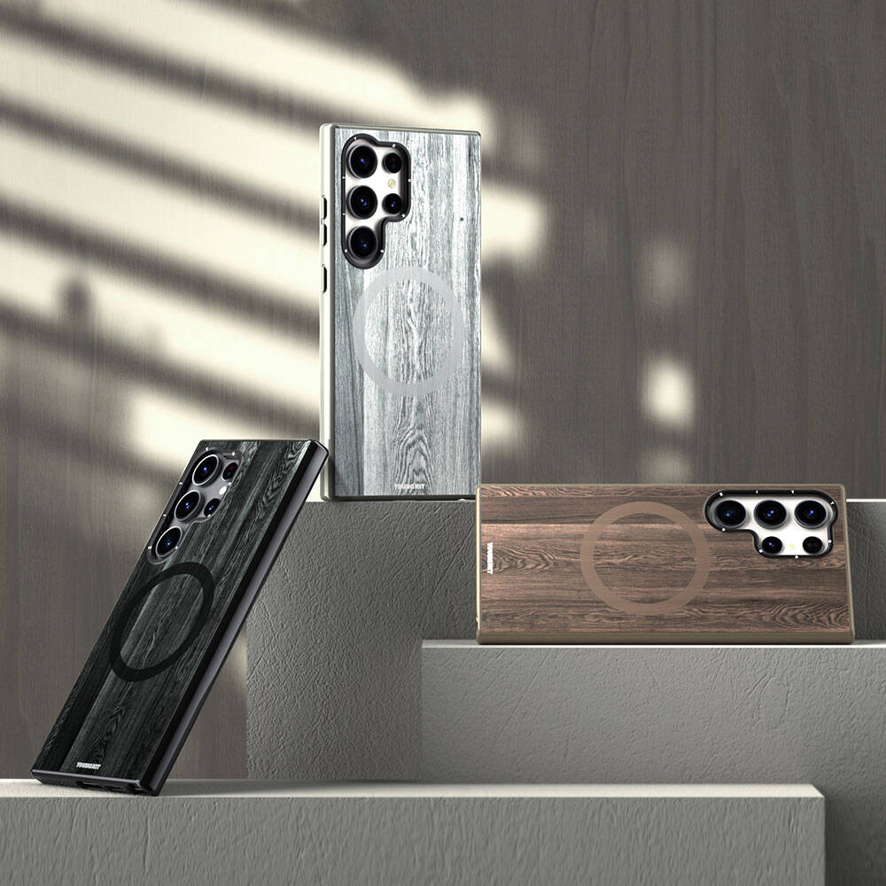 Galaxy S24 Ultra Kılıf M-safe Şarj Özellikli Sararmaya Dayanıklı Youngkit Wood Forest Serisi Kapak Gri