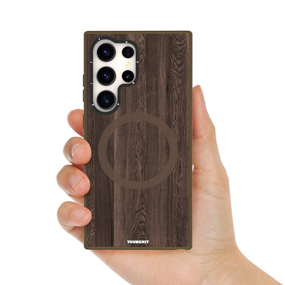 Galaxy S24 Ultra Kılıf M-safe Şarj Özellikli Sararmaya Dayanıklı Youngkit Wood Forest Serisi Kapak Gri