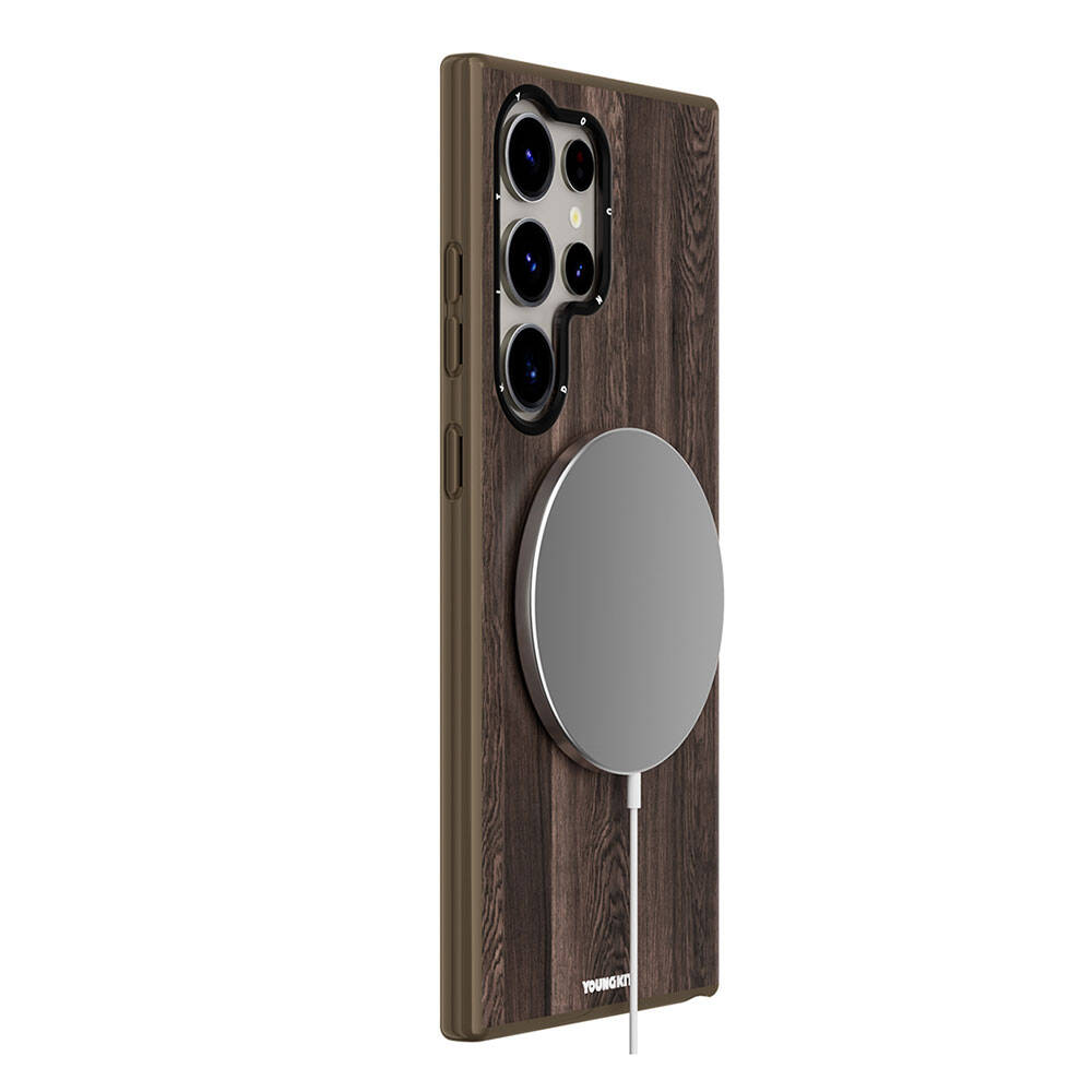 Galaxy S24 Ultra Kılıf M-safe Şarj Özellikli Sararmaya Dayanıklı Youngkit Wood Forest Serisi Kapak Siyah