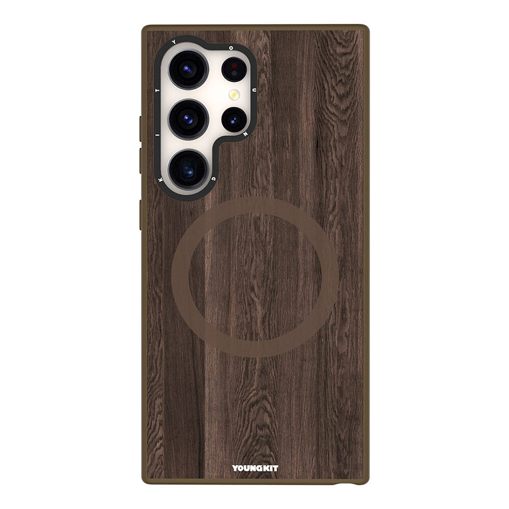 Galaxy S24 Ultra Kılıf M-safe Şarj Özellikli Sararmaya Dayanıklı Youngkit Wood Forest Serisi Kapak Kahverengi