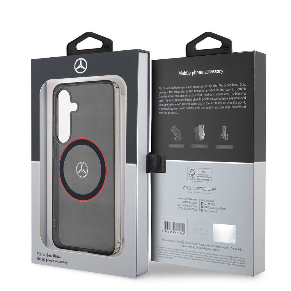 Galaxy S24 Kılıf Mercedes Benz Orjinal Lisanslı M-safe Şarj Özellikli IML Yıldız Logolu Red Ring Kapak Siyah