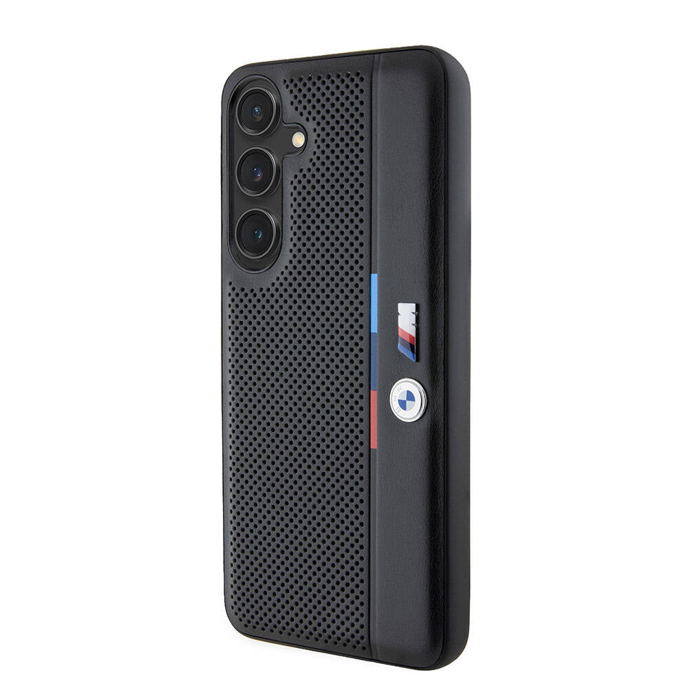 Galaxy S24 Plus Kılıf BMW Orjinal Lisanslı M Logolu Üç Renk Çizgili Delikli Detail Line Kapak Siyah