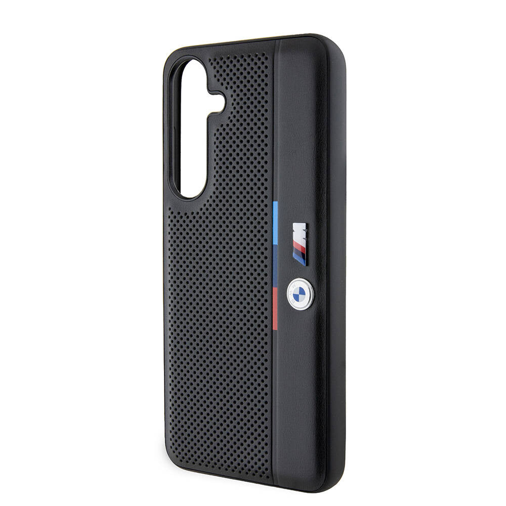 Galaxy S24 Plus Kılıf BMW Orjinal Lisanslı M Logolu Üç Renk Çizgili Delikli Detail Line Kapak Siyah