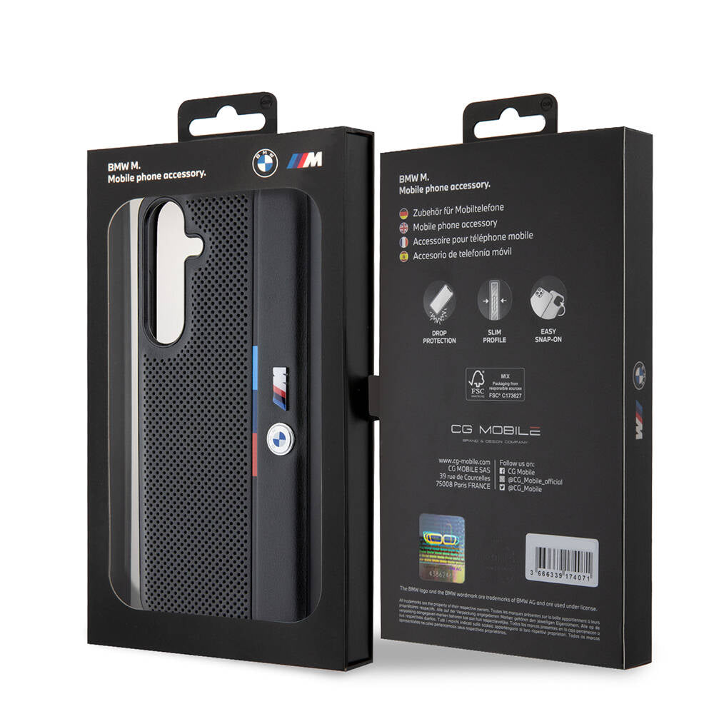 Galaxy S24 Plus Kılıf BMW Orjinal Lisanslı M Logolu Üç Renk Çizgili Delikli Detail Line Kapak Siyah