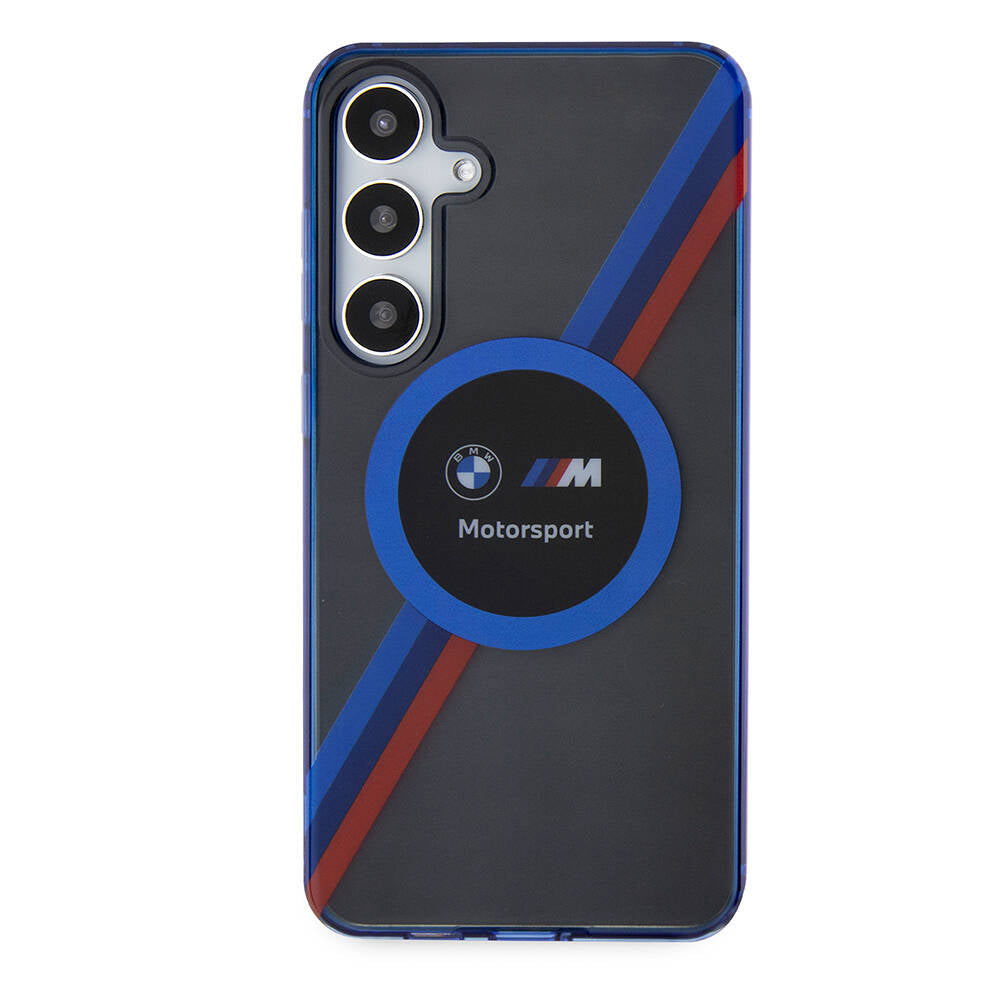 Galaxy S24 Plus Kılıf BMW Orjinal Lisanslı M Logolu Üç Renk Çizgili Motorsport Circle Kapak Siyah