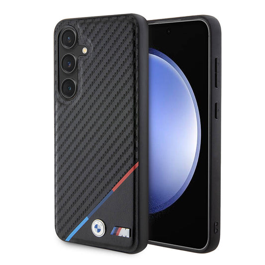 Galaxy S24 Plus Kılıf BMW Orjinal Lisanslı M-safe Şarj Özellikli M Logolu Üç Çizgili PU Karbon Kapak Siyah