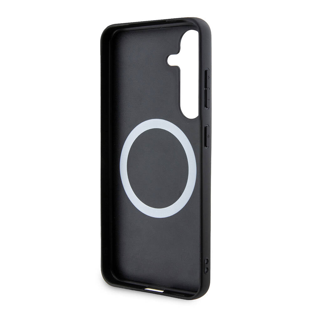 Galaxy S24 Plus Kılıf BMW Orjinal Lisanslı M-safe Şarj Özellikli M Logolu Üç Çizgili PU Karbon Kapak Siyah