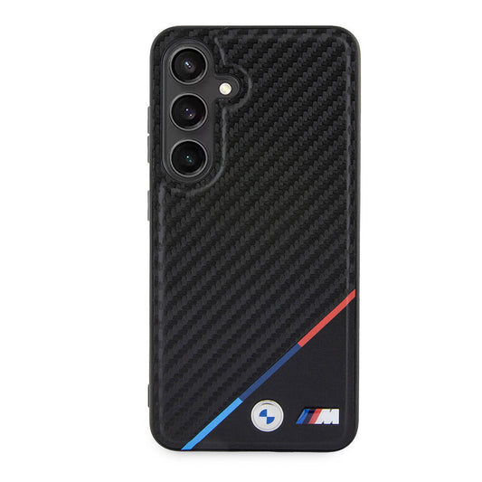 Galaxy S24 Plus Kılıf BMW Orjinal Lisanslı M-safe Şarj Özellikli M Logolu Üç Çizgili PU Karbon Kapak Siyah