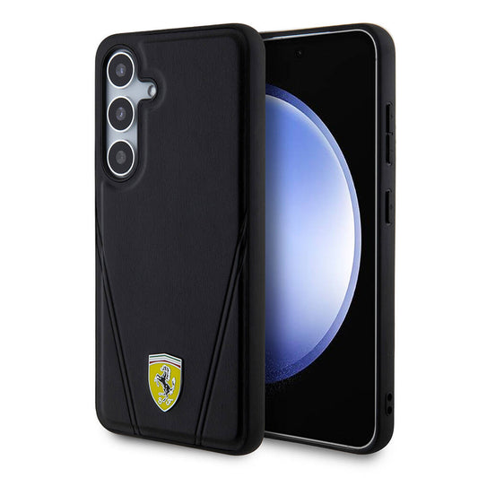 Galaxy S24 Plus Kılıf Ferrari Orjinal Lisanslı M-safe Şarj Özellikli Sıcak Baskı V Çizgili Deri Kapak Siyah