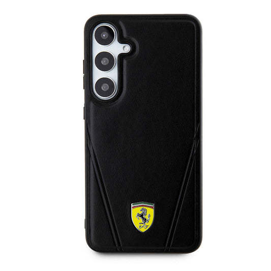 Galaxy S24 Plus Kılıf Ferrari Orjinal Lisanslı M-safe Şarj Özellikli Sıcak Baskı V Çizgili Deri Kapak Siyah