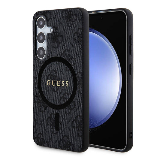 Galaxy S24 Plus Kılıf Guess Orjinal Lisanslı M-safe Şarj Özellikli PU Halkalı 4G Desenli Yazı Logolu Kapak Siyah