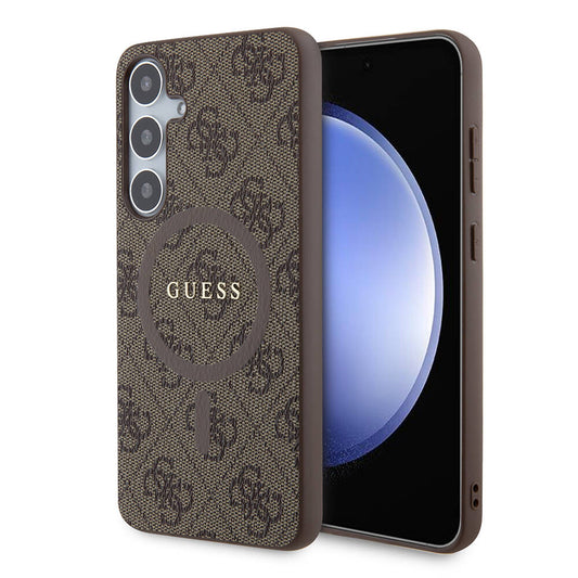 Galaxy S24 Plus Kılıf Guess Orjinal Lisanslı M-safe Şarj Özellikli PU Halkalı 4G Desenli Yazı Logolu Kapak Kahverengi