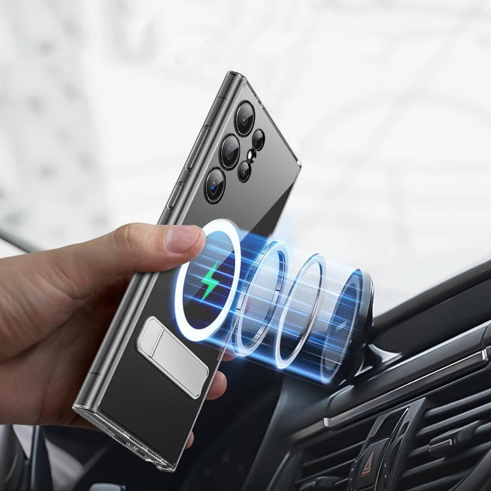 Galaxy S24 Plus Kılıf M-safe Şarj Özellikli Kamera Korumalı Standlı Wiwu KCC-025 Aurora Serisi Kapak Şeffaf