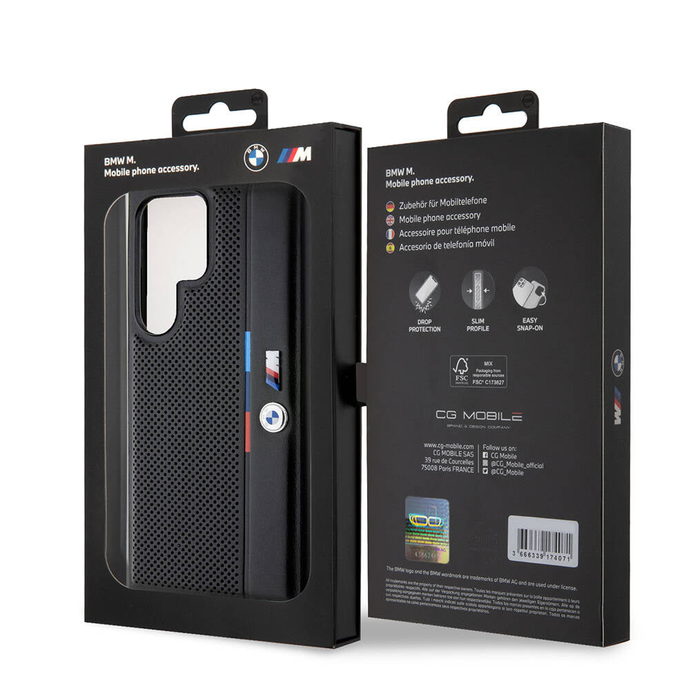 Galaxy S24 Ultra Kılıf BMW Orjinal Lisanslı M Logolu Üç Renk Çizgili Delikli Detail Line Kapak Siyah