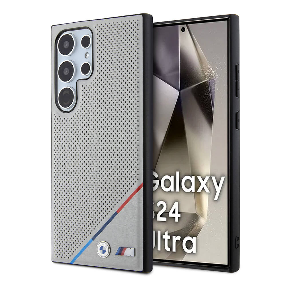 Galaxy S24 Ultra Kılıf BMW Orjinal Lisanslı M-safe Şarj Özellikli M Logolu Üç Çizgili Delikli Deri Kapak Gri