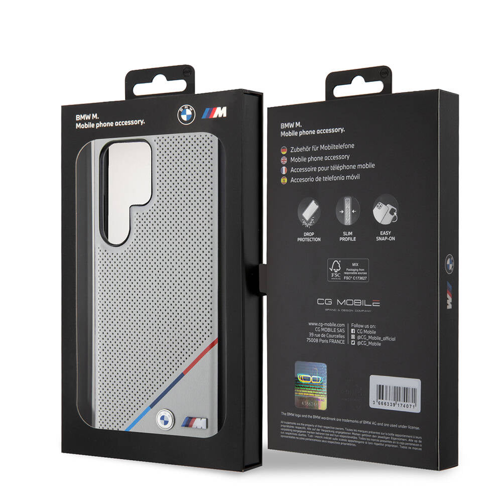 Galaxy S24 Ultra Kılıf BMW Orjinal Lisanslı M-safe Şarj Özellikli M Logolu Üç Çizgili Delikli Deri Kapak Gri