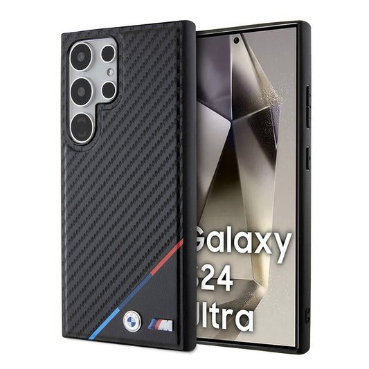 Galaxy S24 Ultra Kılıf BMW Orjinal Lisanslı M-safe Şarj Özellikli M Logolu Üç Çizgili PU Karbon Kapak Siyah