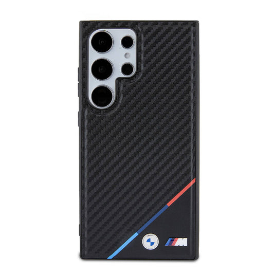 Galaxy S24 Ultra Kılıf BMW Orjinal Lisanslı M-safe Şarj Özellikli M Logolu Üç Çizgili PU Karbon Kapak Siyah