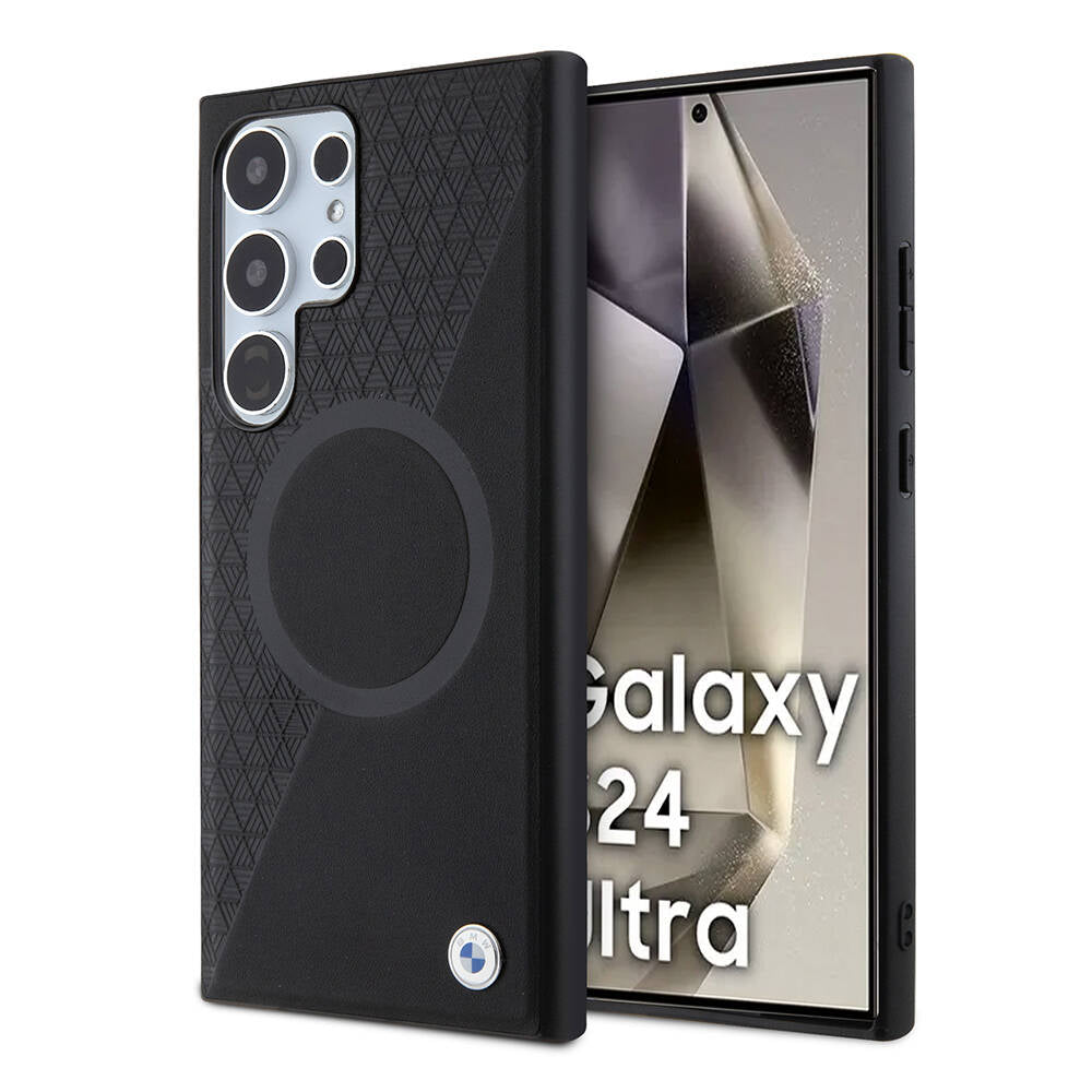 Galaxy S24 Ultra Kılıf BMW Orjinal Lisanslı M-safe Şarj Özellikli Yarım Dokulu Circle Leather Kapak Siyah