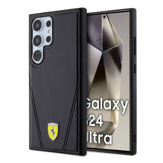 Galaxy S24 Ultra Kılıf Ferrari Orjinal Lisanslı M-safe Şarj Özellikli Sıcak Baskı V Çizgili Deri Kapak Siyah