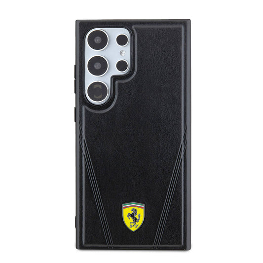 Galaxy S24 Ultra Kılıf Ferrari Orjinal Lisanslı M-safe Şarj Özellikli Sıcak Baskı V Çizgili Deri Kapak Siyah