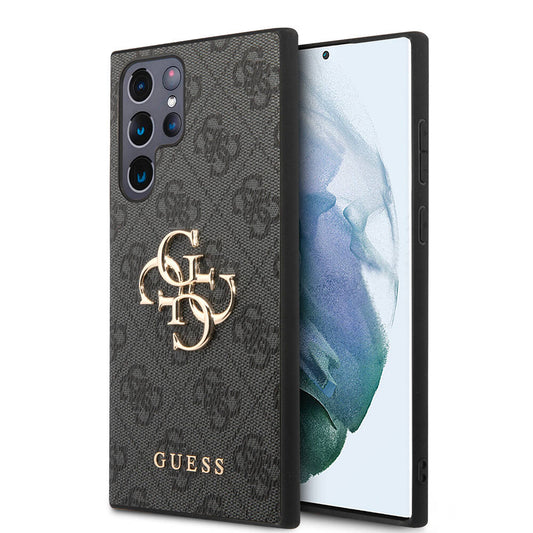 Galaxy S24 Ultra Kılıf Guess Orjinal Lisanslı PU Deri Yazı ve 4G Metal Logolu Desenli Kapak Kahverengi