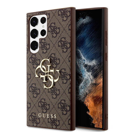 Galaxy S24 Ultra Kılıf Guess Orjinal Lisanslı PU Deri Yazı ve 4G Metal Logolu Desenli Kapak Kahverengi