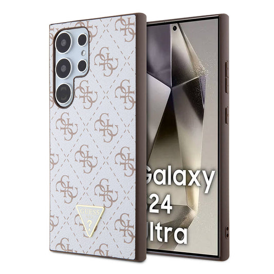 Galaxy S24 Ultra Kılıf Guess Orjinal Lisanslı PU Üçgen Logo 4G Desenli Kapak Beyaz