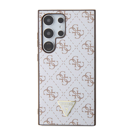 Galaxy S24 Ultra Kılıf Guess Orjinal Lisanslı PU Üçgen Logo 4G Desenli Kapak Beyaz