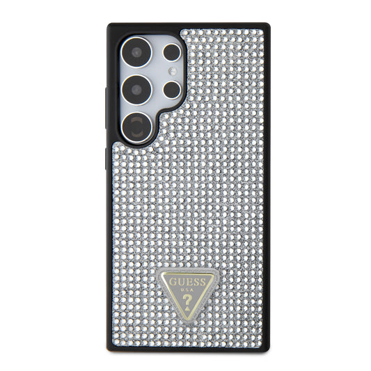 Galaxy S24 Ultra Kılıf Guess Orjinal Lisanslı Taşlı Arka Yüzey Üçgen Logolu Kapak Gümüş