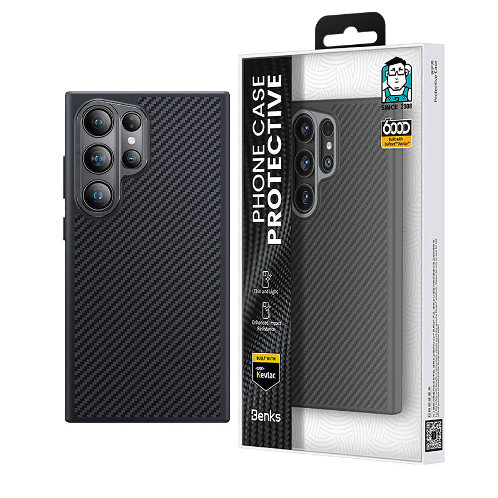Galaxy S24 Ultra Kılıf Karbon Fiber M-safe Şarj Özellikli Benks Hybrid ArmorPro 600D Kevlar Kapak Siyah