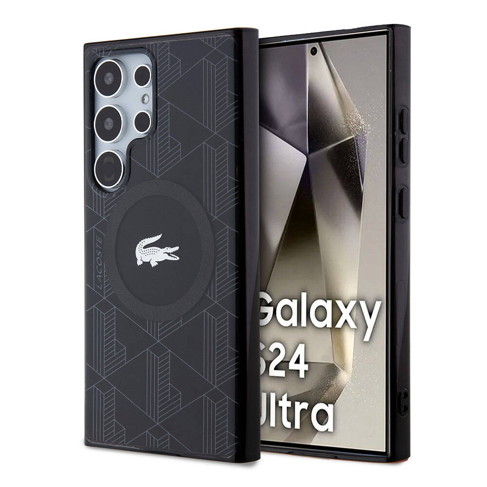 Galaxy S24 Ultra Kılıf Lacoste Orjinal Lisanslı M-safe Şarj Özellikli Çift Katmanlı Timsah Logolu Blend Monogram Kapak Petrol Yeşil