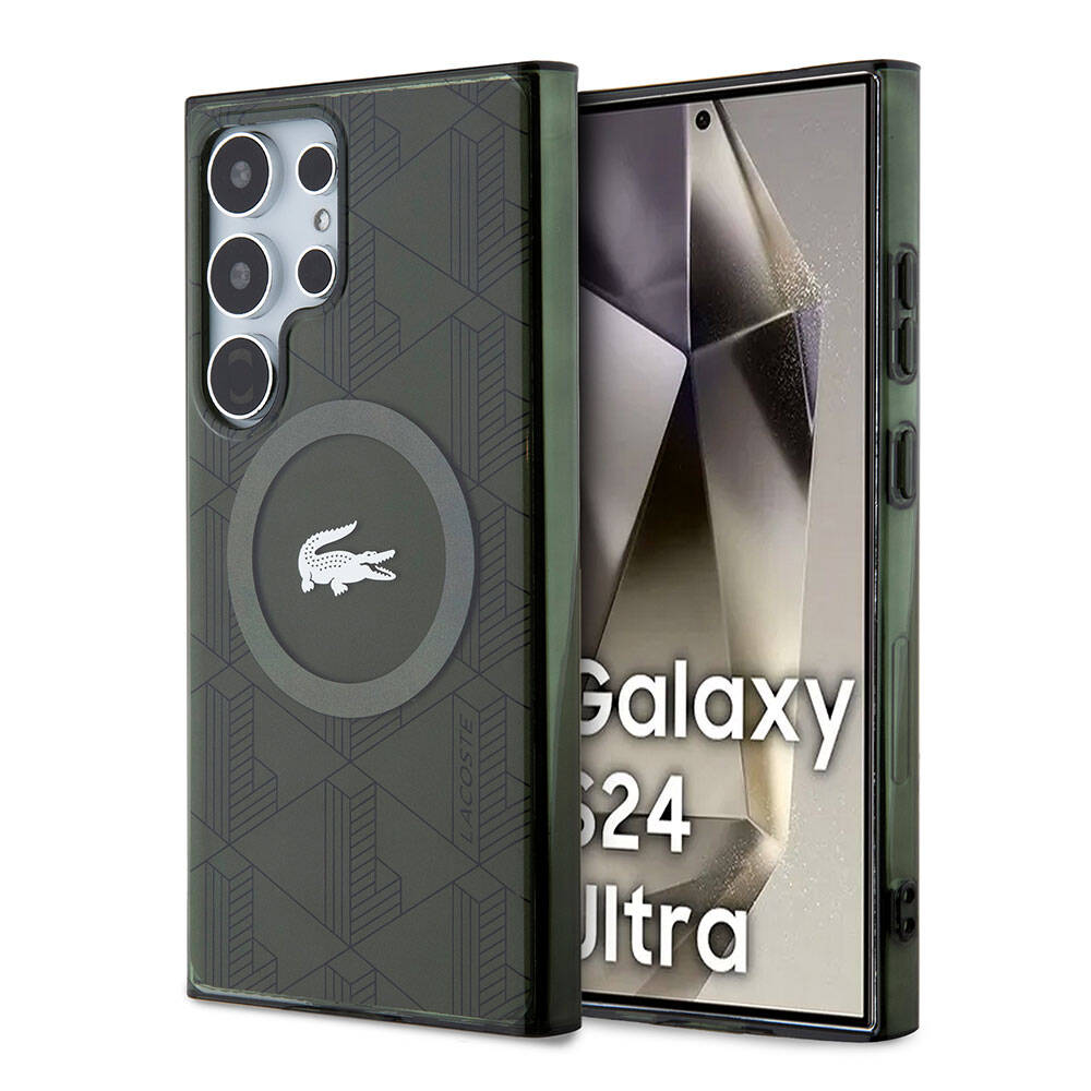 Galaxy S24 Ultra Kılıf Lacoste Orjinal Lisanslı M-safe Şarj Özellikli Çift Katmanlı Timsah Logolu Blend Monogram Kapak Petrol Yeşil