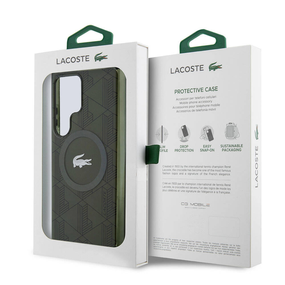 Galaxy S24 Ultra Kılıf Lacoste Orjinal Lisanslı M-safe Şarj Özellikli Çift Katmanlı Timsah Logolu Blend Monogram Kapak Petrol Yeşil