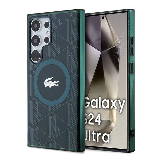 Galaxy S24 Ultra Kılıf Lacoste Orjinal Lisanslı M-safe Şarj Özellikli Çift Katmanlı Timsah Logolu Blend Monogram Kapak Haki