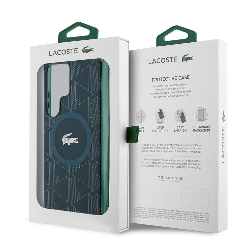 Galaxy S24 Ultra Kılıf Lacoste Orjinal Lisanslı M-safe Şarj Özellikli Çift Katmanlı Timsah Logolu Blend Monogram Kapak Petrol Yeşil