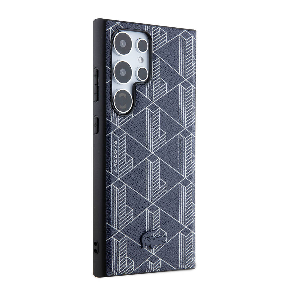 Galaxy S24 Ultra Kılıf Lacoste Orjinal Lisanslı M-safe Şarj Özellikli PU Deri Görünümlü Karışık Monogram Desenli Kapak Lacivert