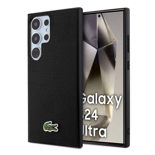 Galaxy S24 Ultra Kılıf Lacoste Orjinal Lisanslı PU Pike Desenli Arka Yüzey İkonik Timsah Dokuma Logolu Kapak Siyah