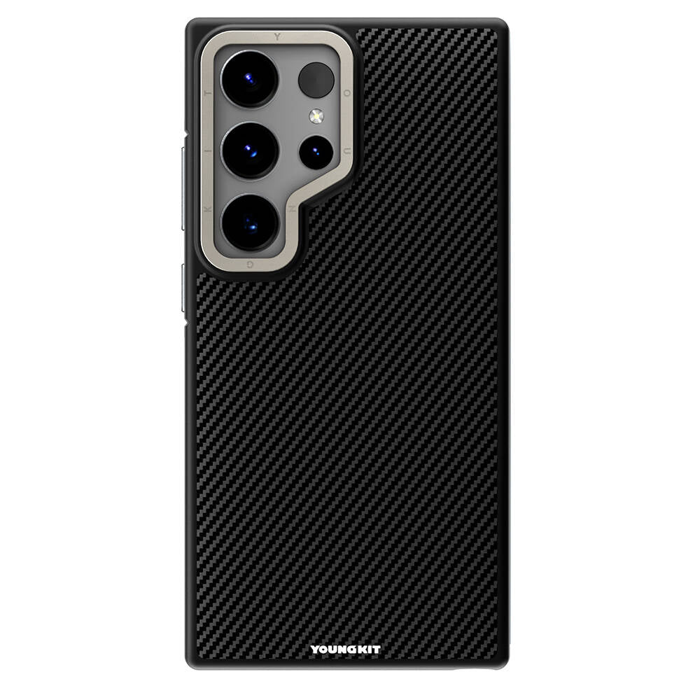 Galaxy S24 Ultra Kılıf M-safe Şarj Özellikli Aramid Fiber Tasarımlı Youngkit 600D Kevlar Serisi Kapak Siyah